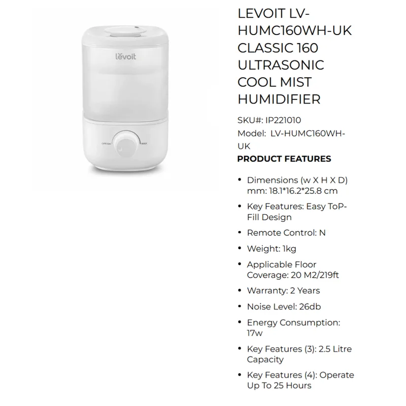 Levoit HUMC160WH-UK Classic 160 Ultrasonic Cool Mist Humidifier