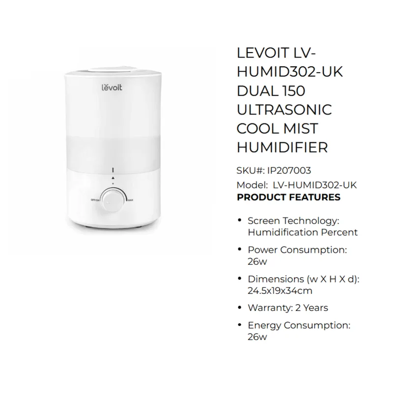 Levoit HUMID302-UK Dual 150 Ultrasonic Cool Mist 10-27m² Humidifier