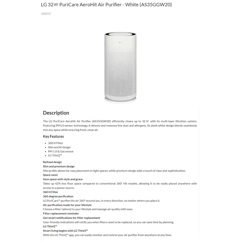 LG AS35GGW20 32m² 360˚ Single Pet Air Purifier