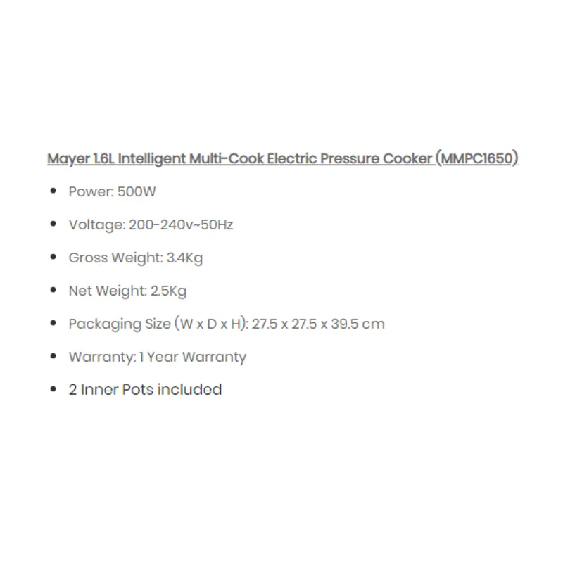 Mayer MMPC-1650 1.6L Pressure Rice Cooker