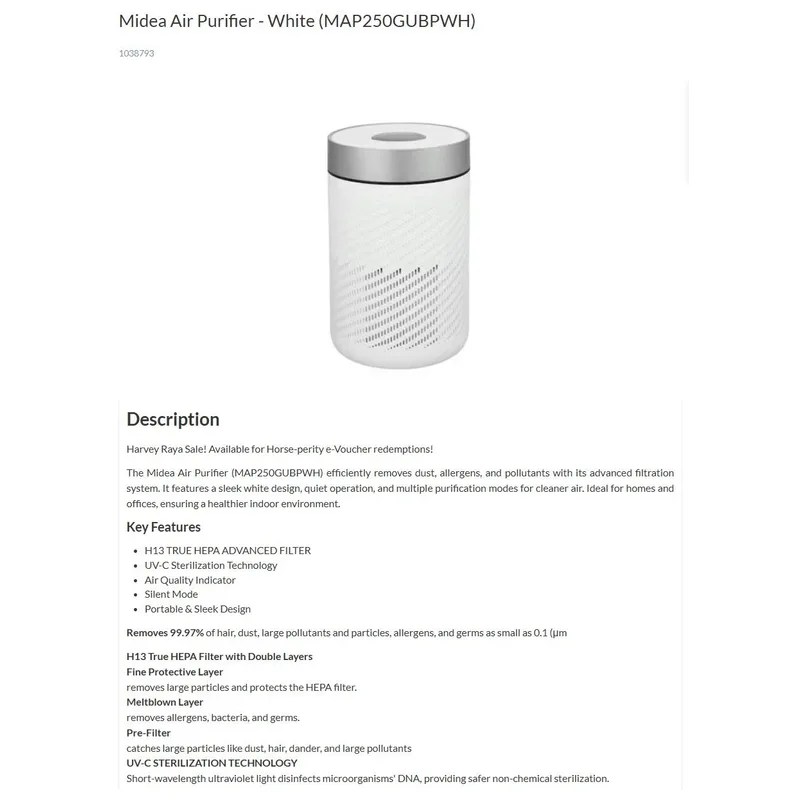 Midea MAP250GUBPWH 27M² Air Purifier