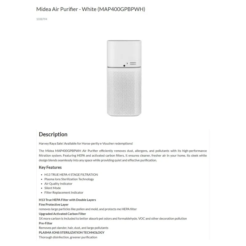 Midea MAP400GPBPWH 48M² Air Purifier