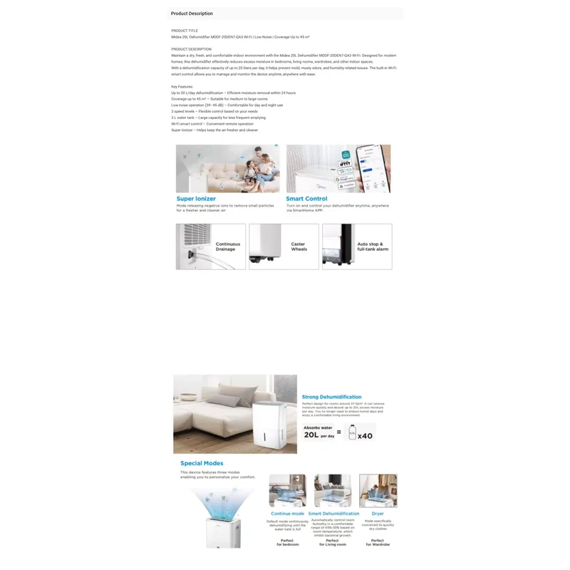 Midea MDDF7-20DEN7-QA3 20L/DAY 37-52m² Dehumidifier