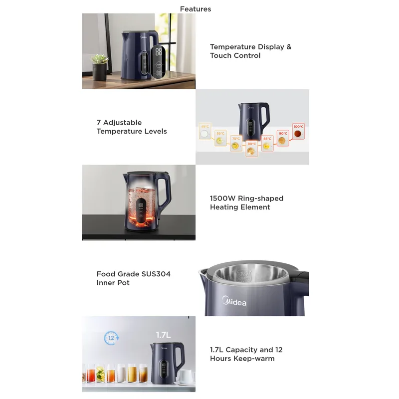 Midea MKE170D2BDB 1.7L LED Display Electric Kettle