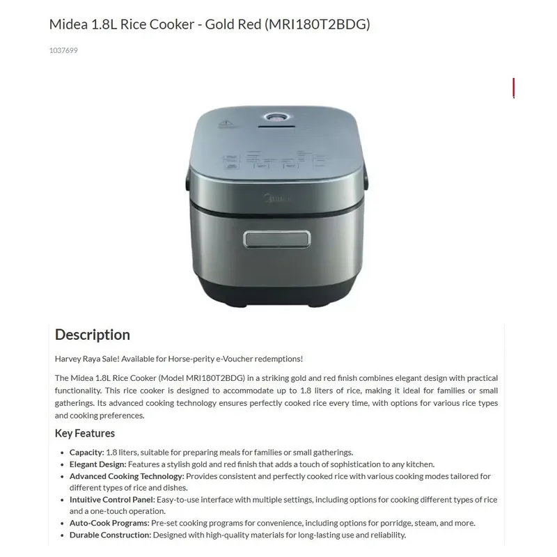 Midea MRI180T2BDG 1.8L Ih Rice Cooker
