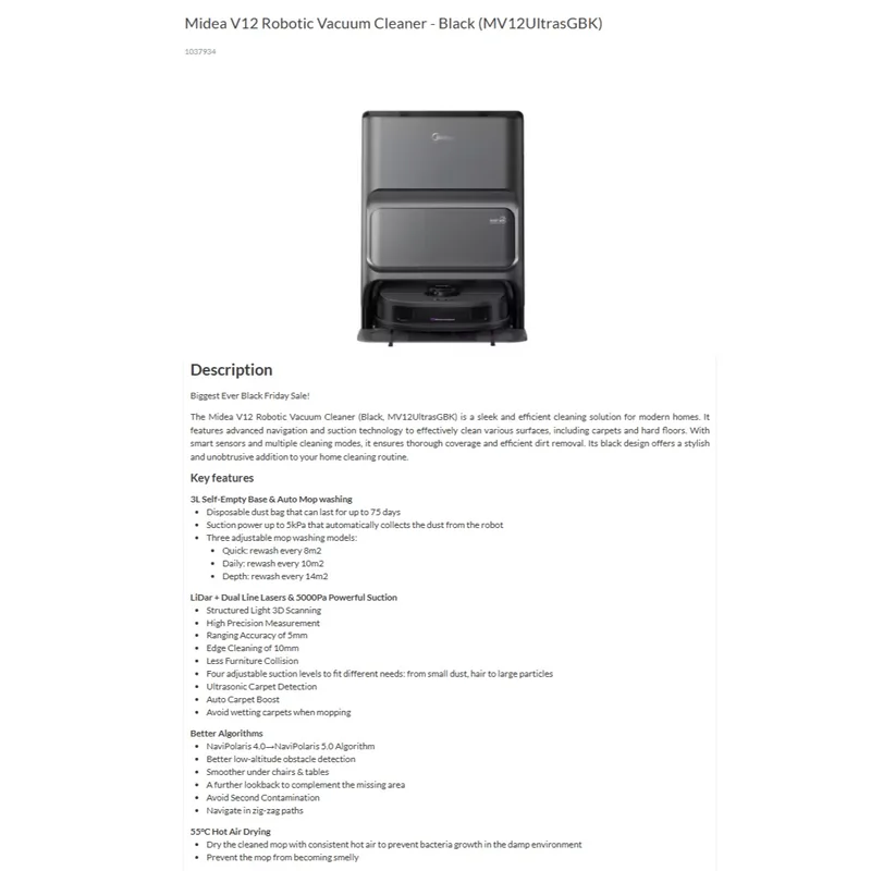 Midea MV12ULTRASGBK 14.4V 65W Robot Auto Mopping & Vacumm Cleaner