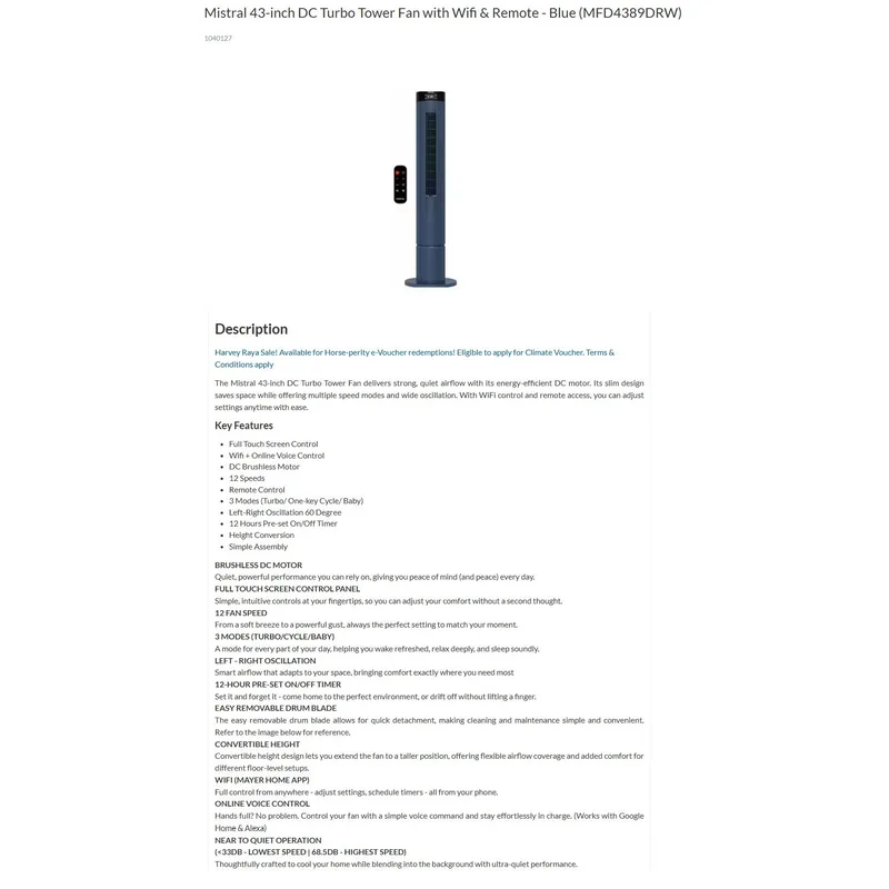 Mistral MFD4389DRW-BL 42" DC Turbo Tower Fan