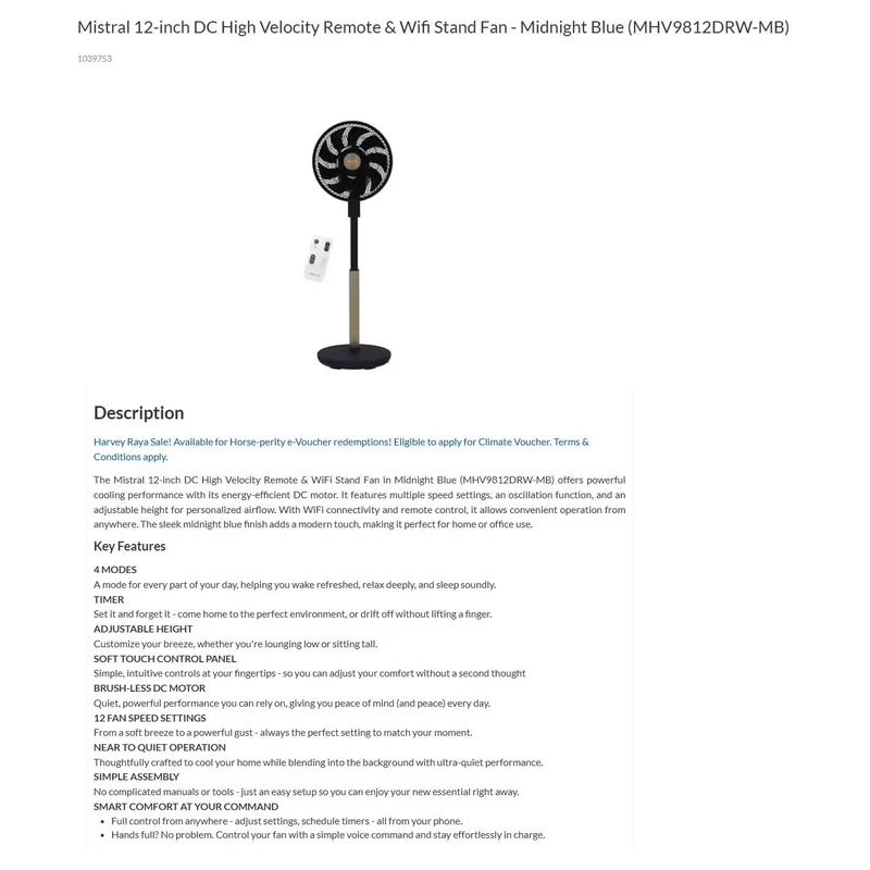 Mistral MHV9812DRW-MB 12" DC High Velocity Stand Fan