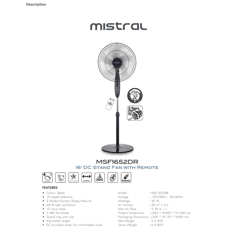 Mistral MSF1652DR 16” DC Stand Fan With Remote Control
