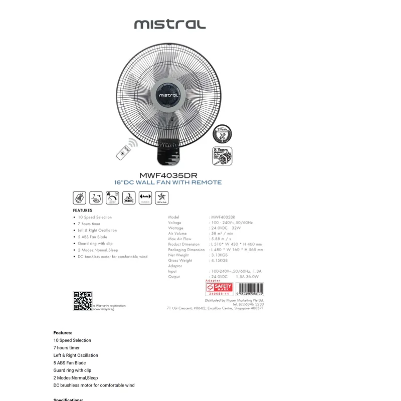 Mistral MWF4035DR 16" DC Motor Wall Fan