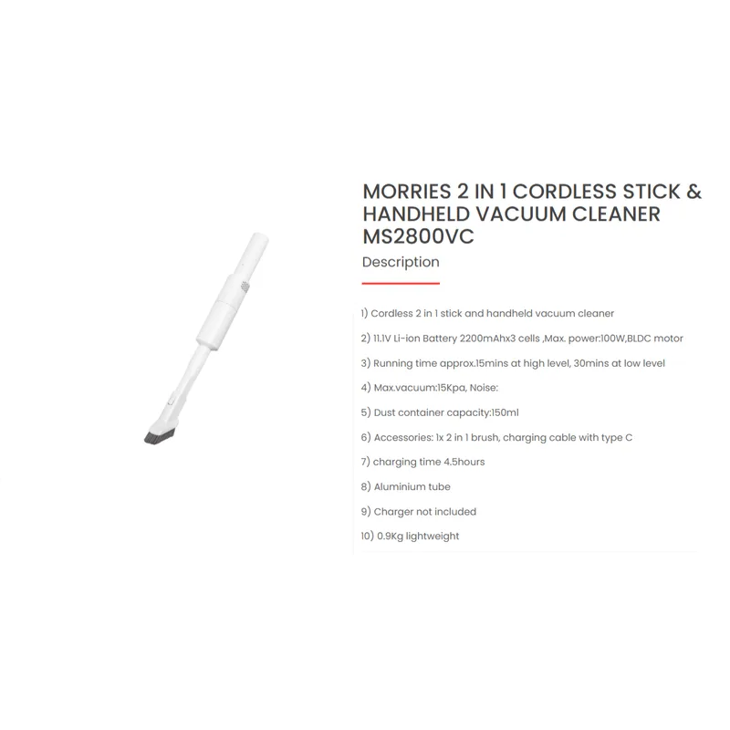 Morries MS2800VC 2 In 1 Cordless Stick & Handheld Vacuum Cleaner