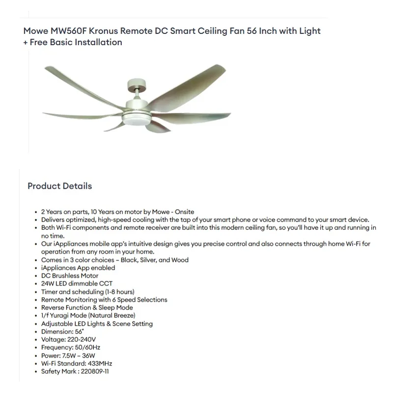 Mowe KRONOS MW-560F W 56” Ceiling Fan With Remote Control