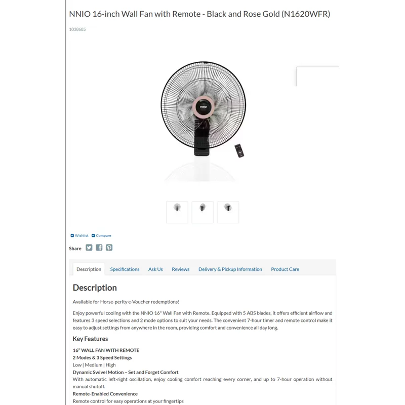 NNIO N1620WFR 16" Wall Fan With Remote