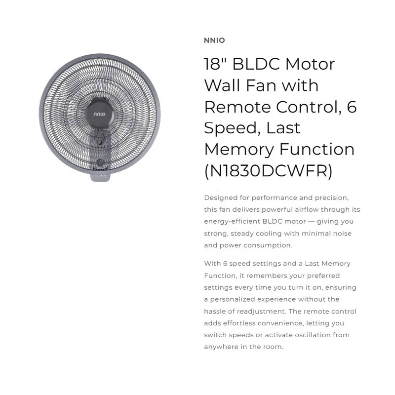 NNIO N1830DCWFR 18” Bldc Wall Fan With Remote Control