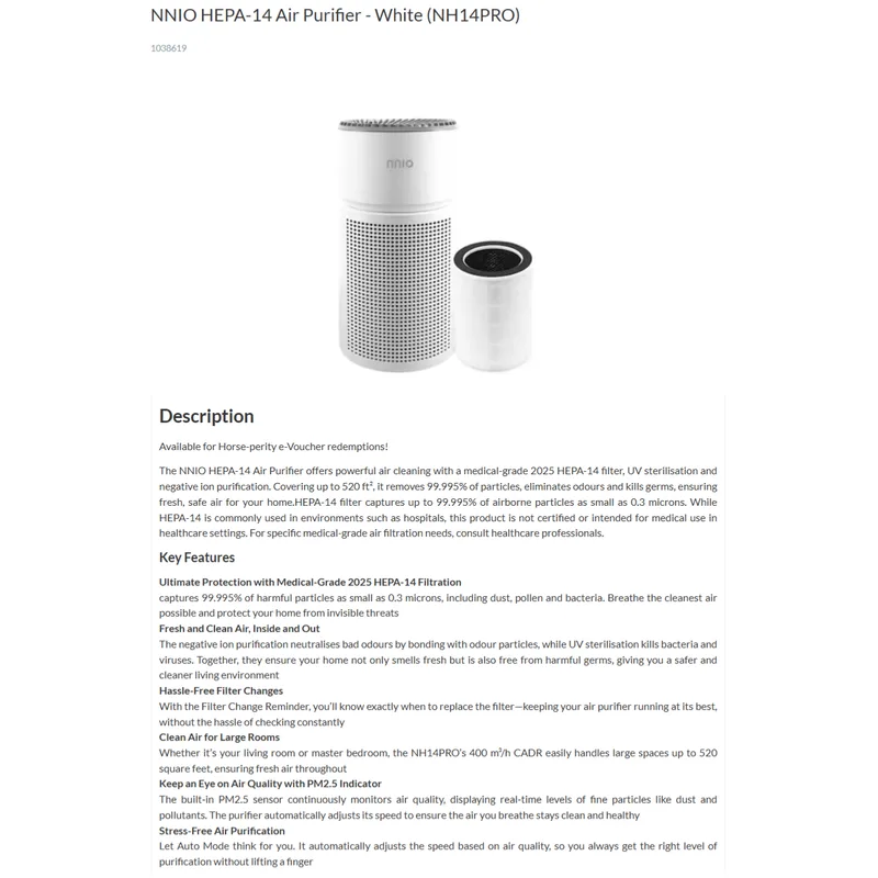 NNIO NH14PRO 520 Sqft HEPA 14 Air Purifier