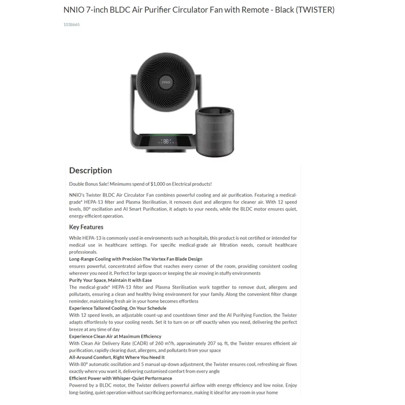 NNIO TWISTER Bladeless DC Motor Purifying Air Circulator Fan