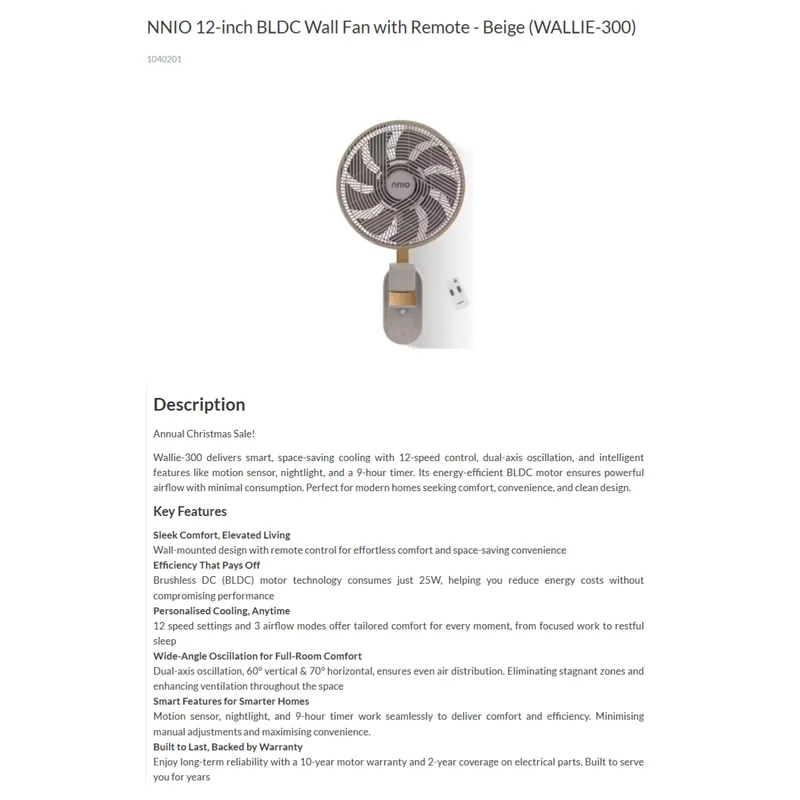 NNIO WALLIE-300-AWG 12” Bldc Wall Air Circulator