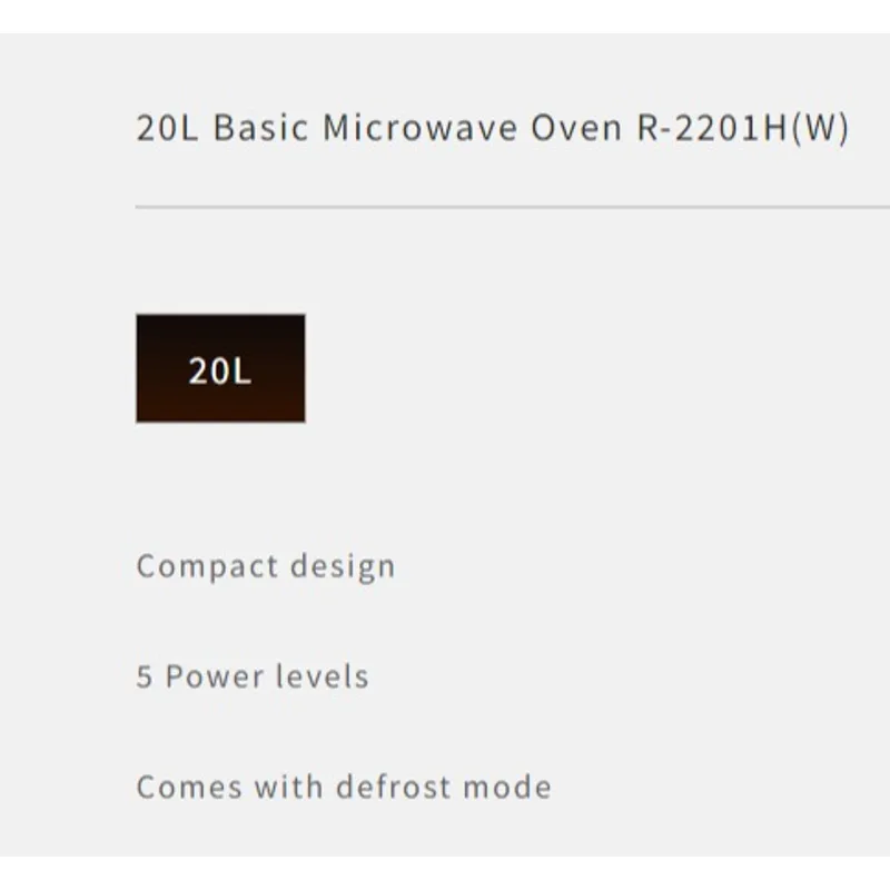 Sharp R-2201H(W) 20L Microwave Oven