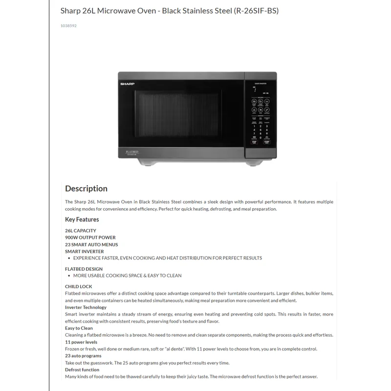 Sharp R-26SIF-BS 26L Inverter Solo Microwave Oven