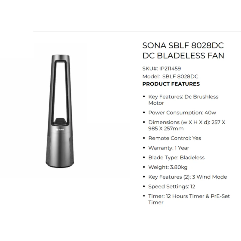 Sona SBLF8028DC DC Bladeless Fan With Remote Control