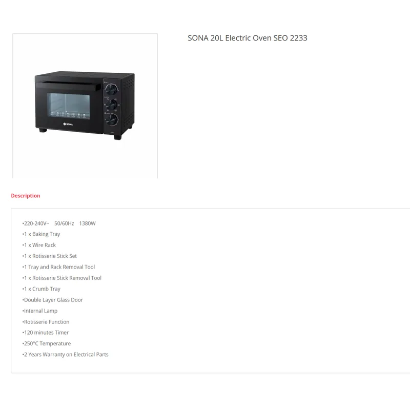 Sona SEO2233 20L 1380W Electric Oven