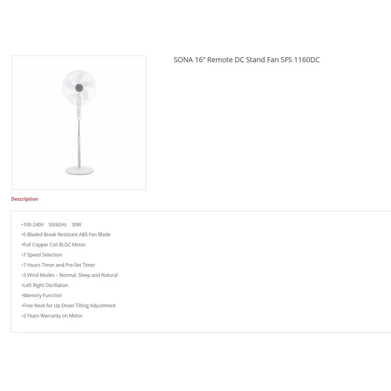 Sona SFS1160DC 16" Stand Fan