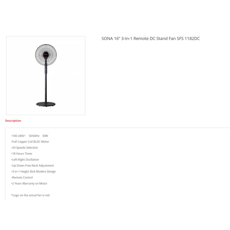 Sona SFS1182DC 16" Stand Fan