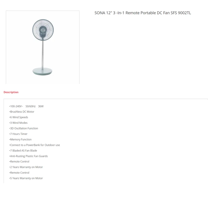Sona SFS9002TL 12" 2-IN-1 Remote Portable DC Fan