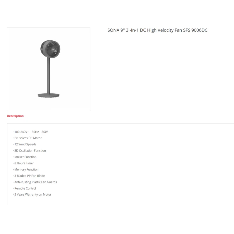Sona SFS9006DC 9” 3-IN-1 DC High Velocity Fan