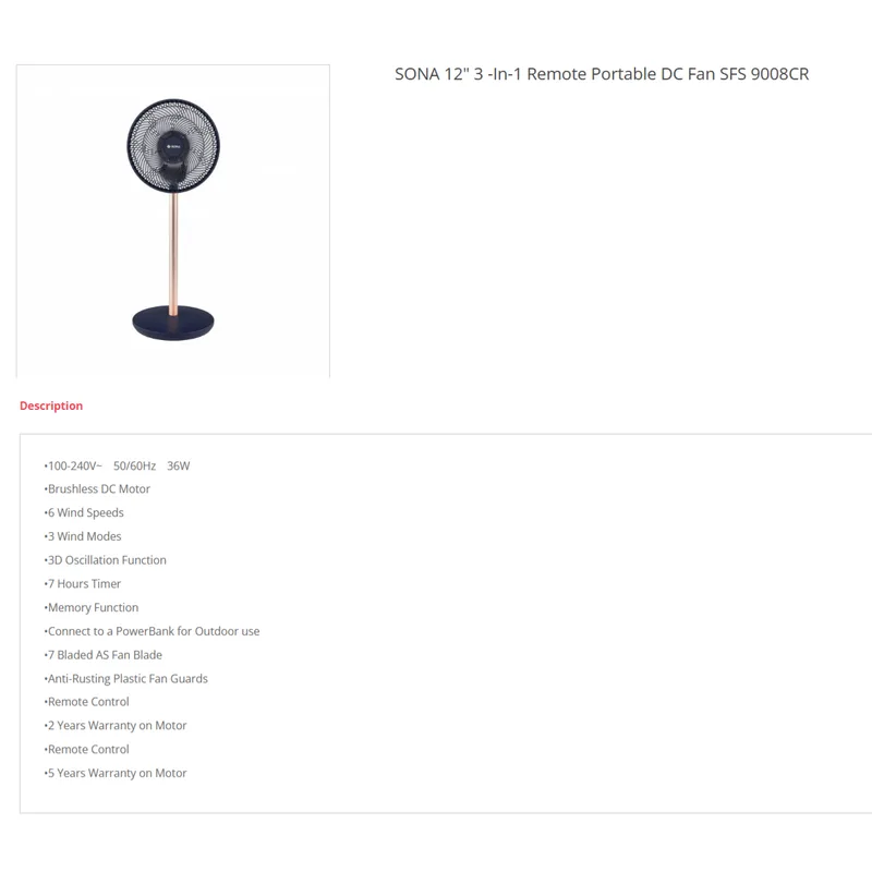 Sona SFS9008CR 12" 2-IN-1 Remote Portable DC Fan