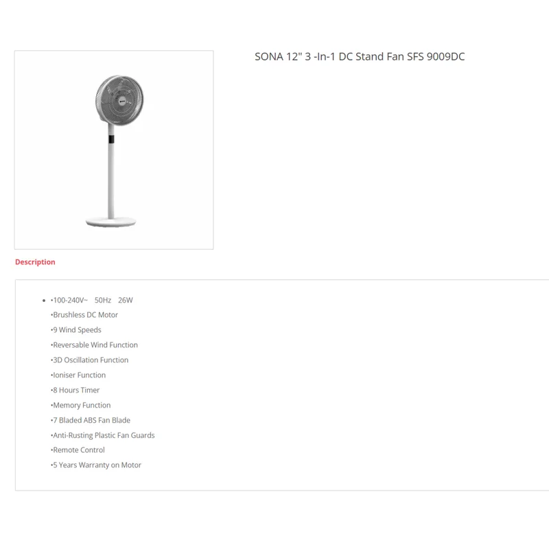 Sona SFS9009DC 12” 3-IN-1 DC Stand Fan