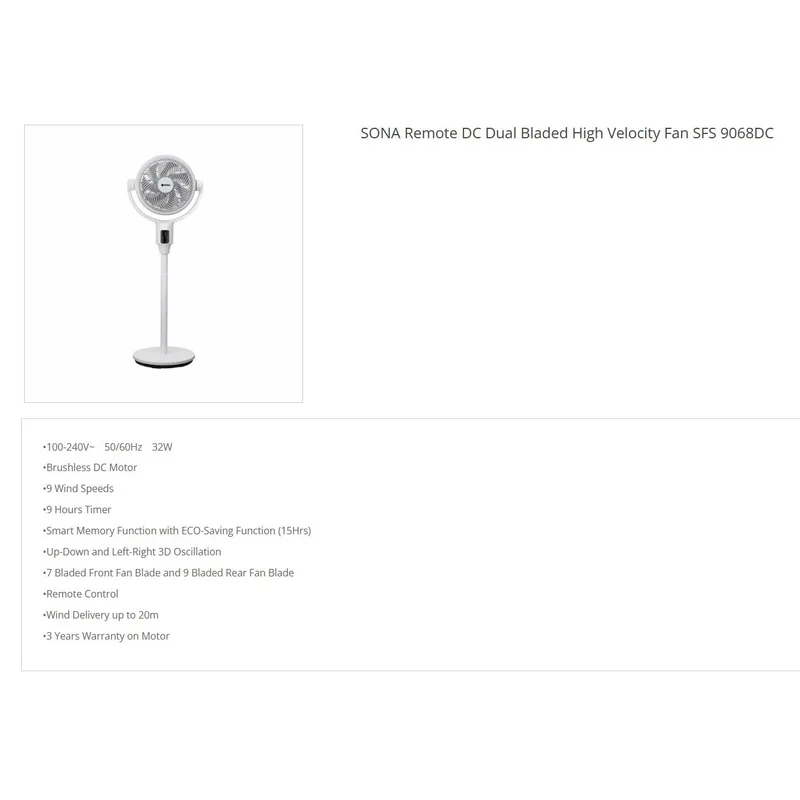 Sona SFS9068DC 10" DC Dual Bladed Fan