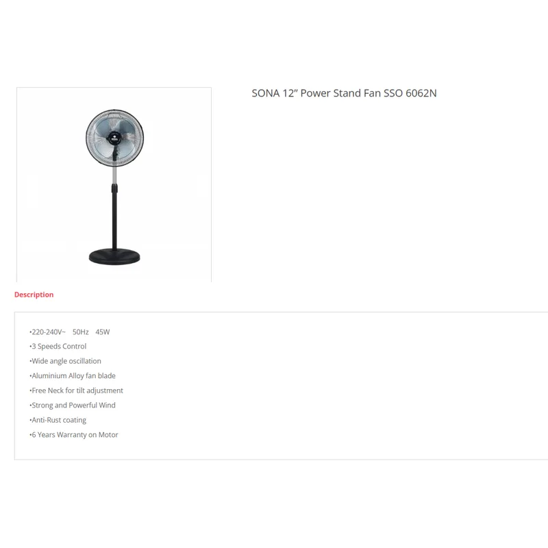 Sona SSO6062N 12” Power Stand Fan