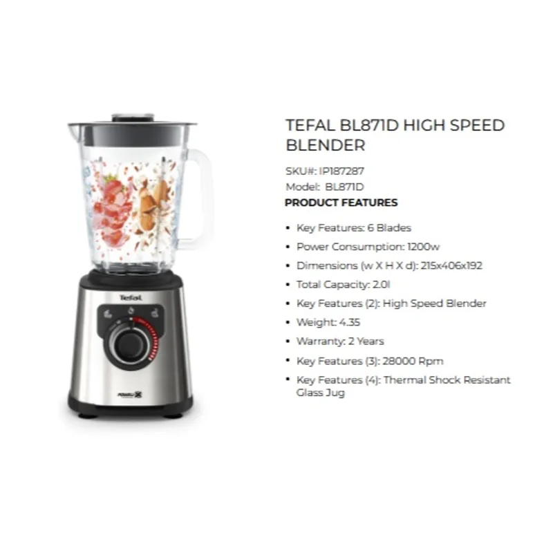 Tefal BL871D 1200W 1.5L Glass Perfect Mix Plus High Speed Blender