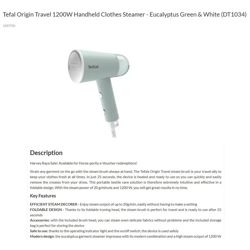 Tefal DT1034 Origin Travel Handheld Garment Steamer