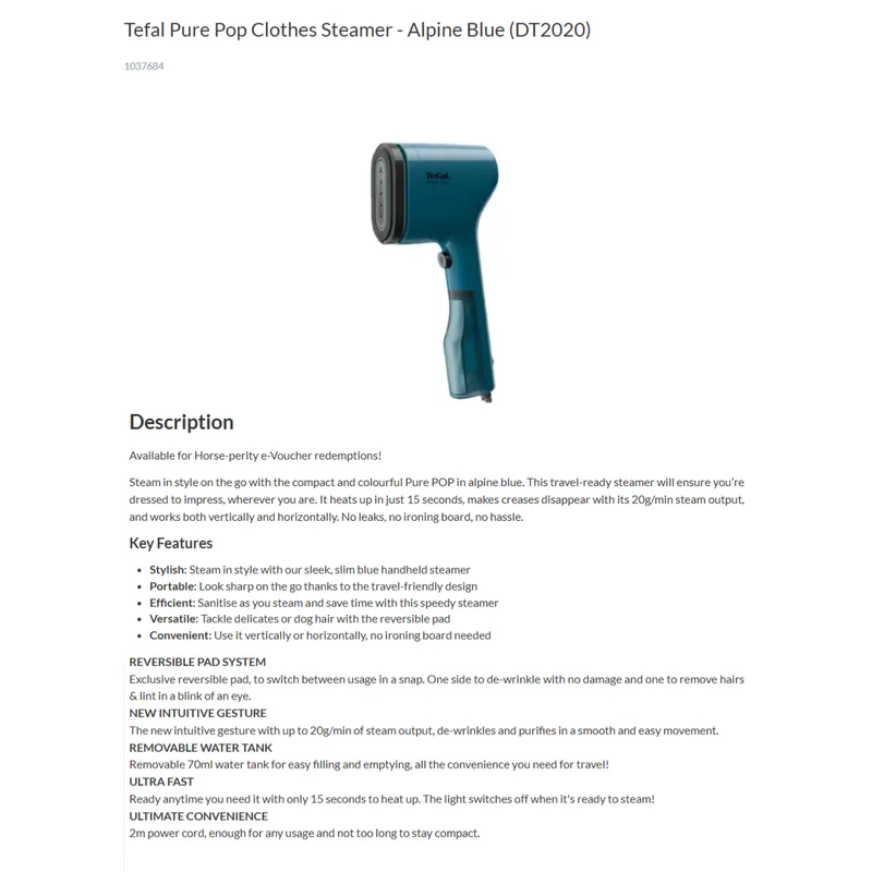Tefal DT2020 1300W Pure Pro Handheld Garment Steamer