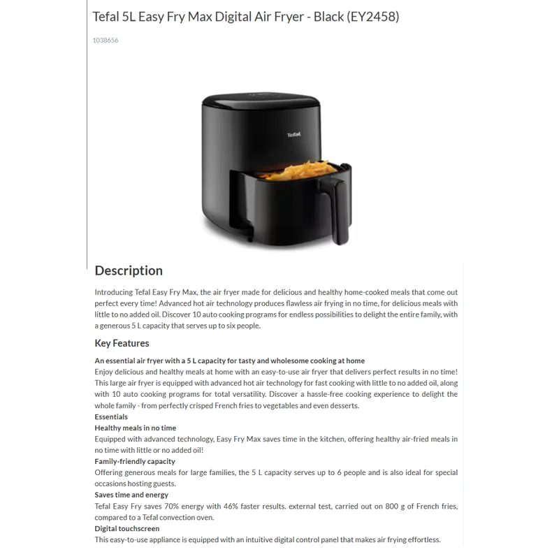 Tefal EY2458 5L 1500W Easy Fry Max Digital Air Fryer