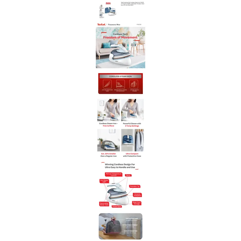 Tefal FV6230 1650W Freemove Mini Cordless Steam Iron