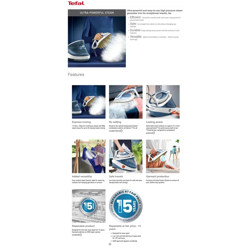 Tefal GV9710 2800W 1.2L Water Tank 7.6 Bar Pro Express Ultimate Ii Steam Generator