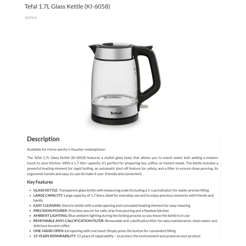 Tefal KI6058 1.7L Glass Kettle Jug