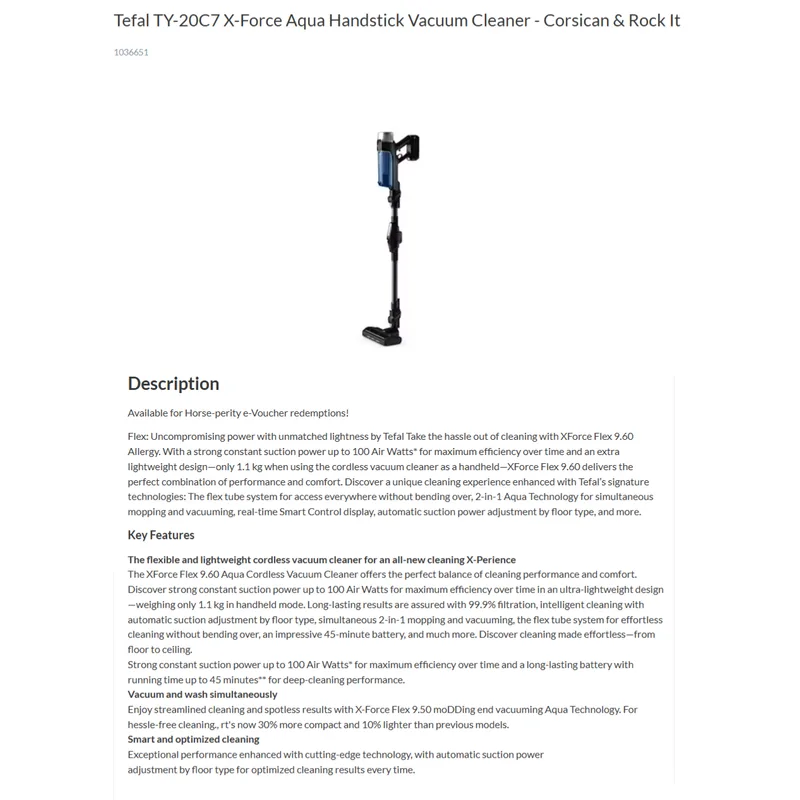 Tefal TY20C7 18V X-force Flex 9.60 Aqua Handstick Vacuum Cleaner
