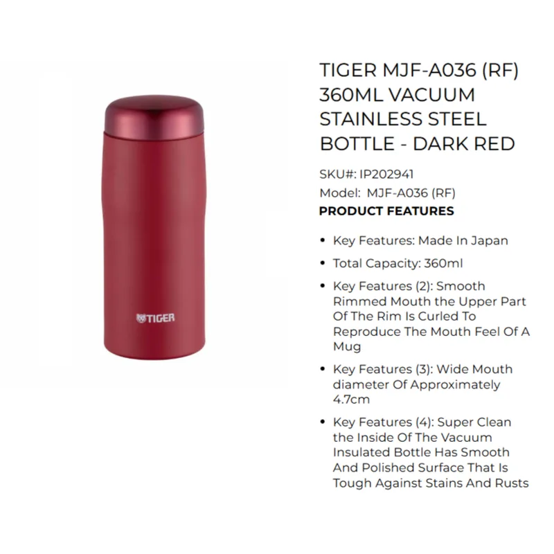 Tiger-SHE04 TIGER MJF-A036-RF 360ML Vacuum Stainless Steel Bottle