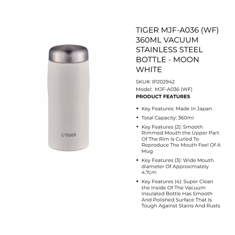 Tiger-SHE04 TIGER MJF-A036-WF 360ML Vacuum Stainless Steel Bottle