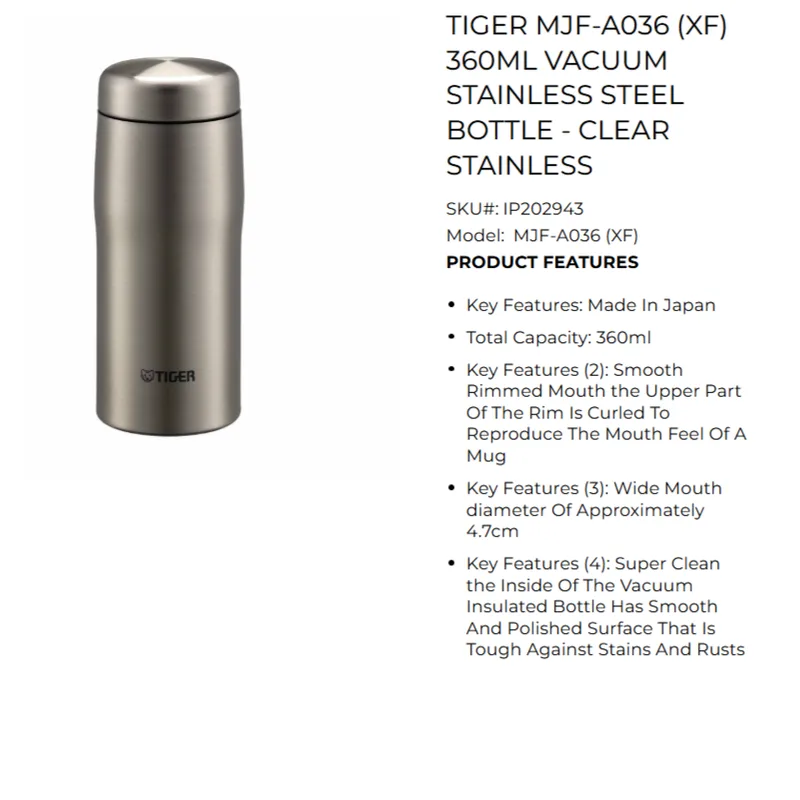 Tiger-SHE04 TIGER MJF-A036-XF 360ML Vacuum Stainless Steel Bottle