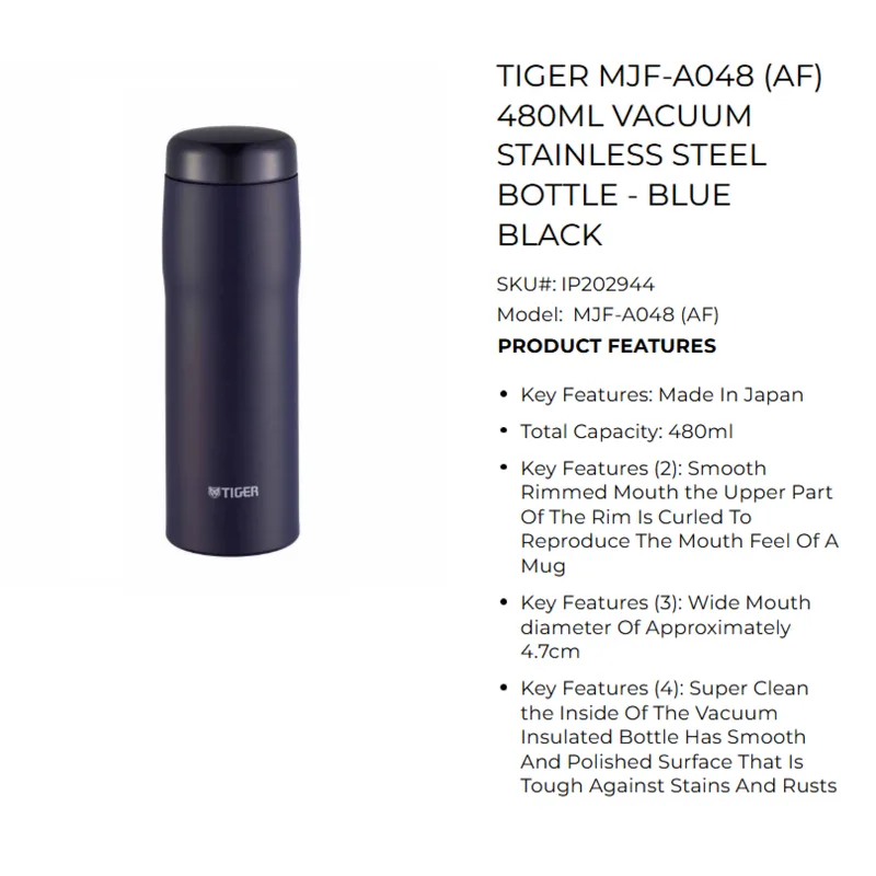 Tiger-SHE04 TIGER MJF-A048-AF 480ML Vacuum Stainless Steel Bottle