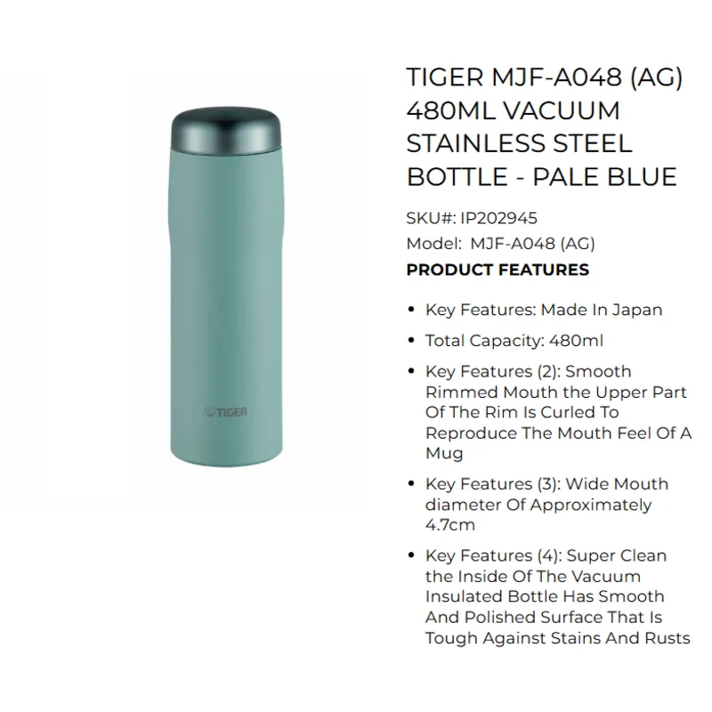Tiger-SHE04 TIGER MJF-A048-AG 480ML Vacuum Stainless Steel Bottle