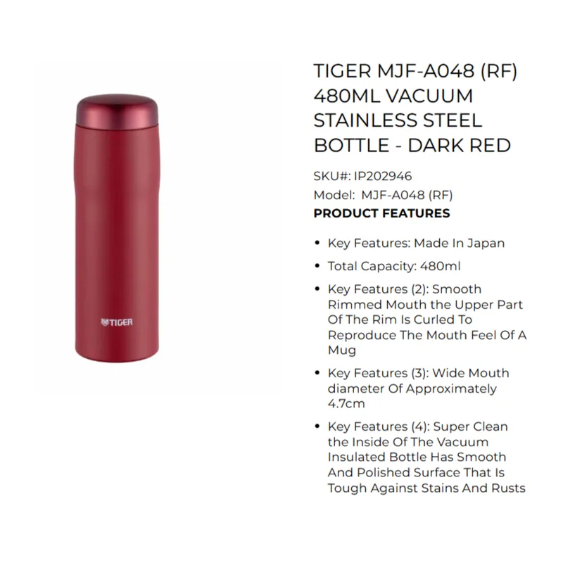 Tiger-SHE04 TIGER MJF-A048-RF 480ML Vacuum Stainless Steel Bottle
