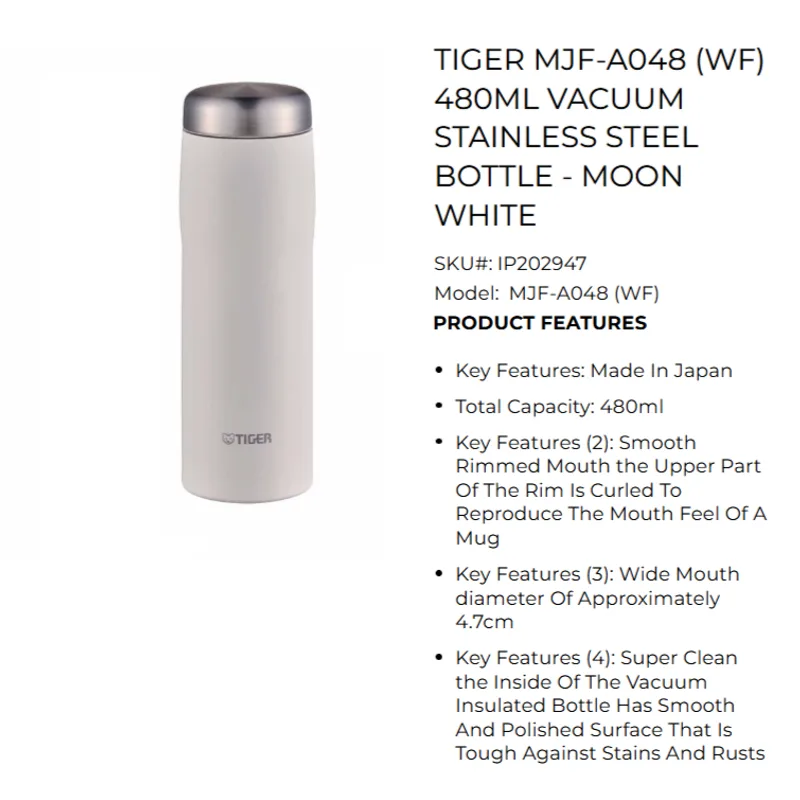 Tiger-SHE04 TIGER MJF-A048-WF 480ML Vacuum Stainless Steel Bottle