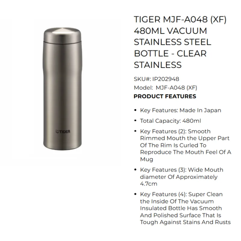 Tiger-SHE04 TIGER MJF-A048-XF 480ML Vacuum Stainless Steel Bottle