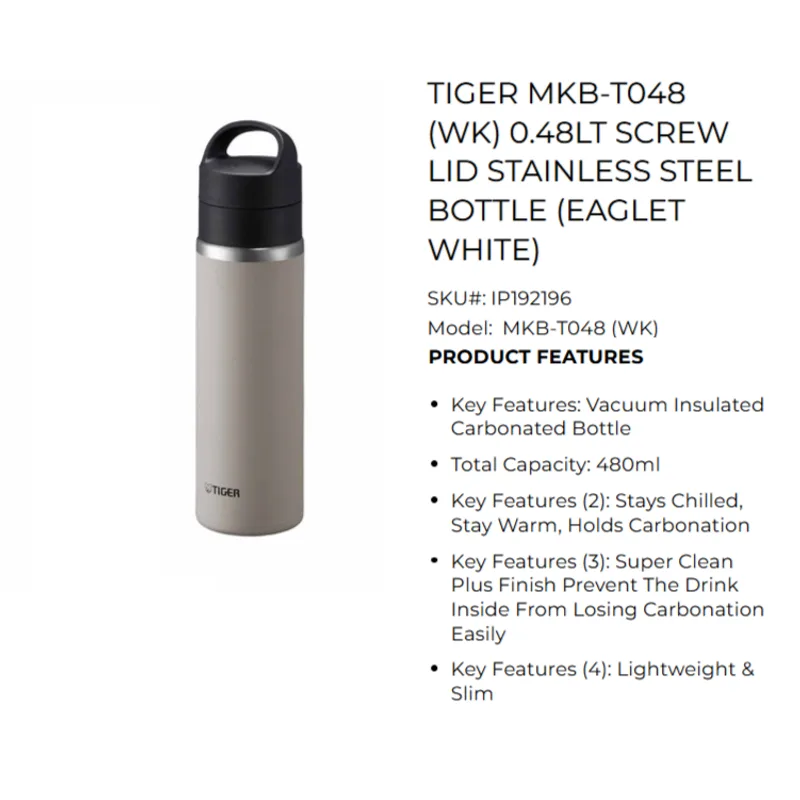 Tiger-SHE04 TIGER MKB-T048-WK 0.48L Screw Lid Stainless Steel Bottle